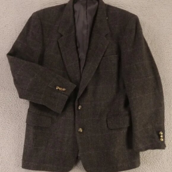 Tweed Jacket L Gray Windowpane Check Herringbone 100% Wool Crested Buttons 44R - Picture 1 of 13
